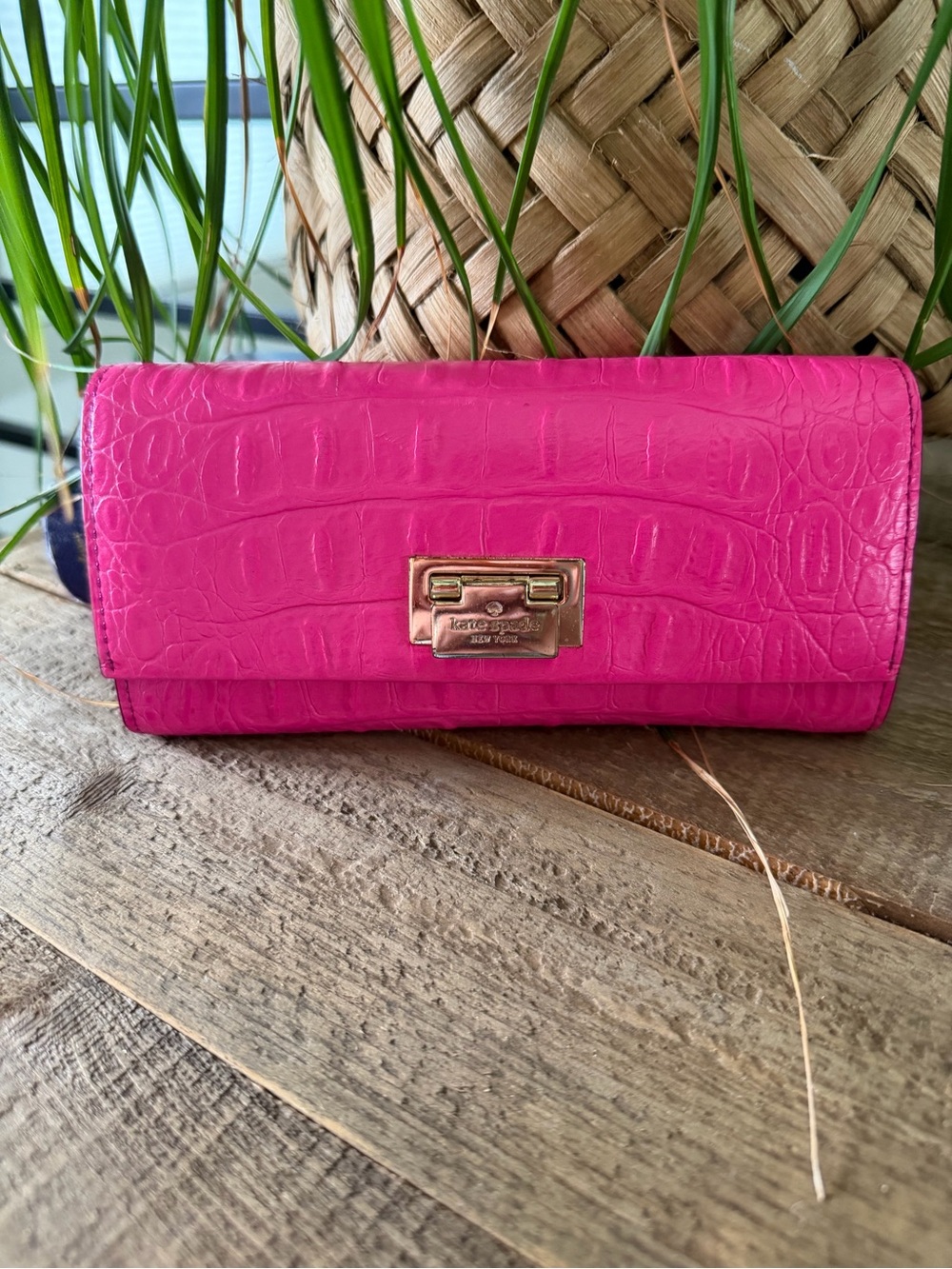 kate spade Bright Pink Croc-Embossed Wallet with Gold Hardware
